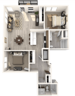 Floor plan for 2 beds, 2 baths, 1085 sqft